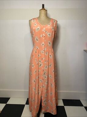 Vintage Jessica Floral Midi Dress Peach Romantic Cottagecore Button Front Size L
